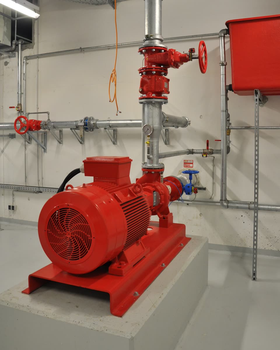 Red fire pump with sprinkler valves in a plant room