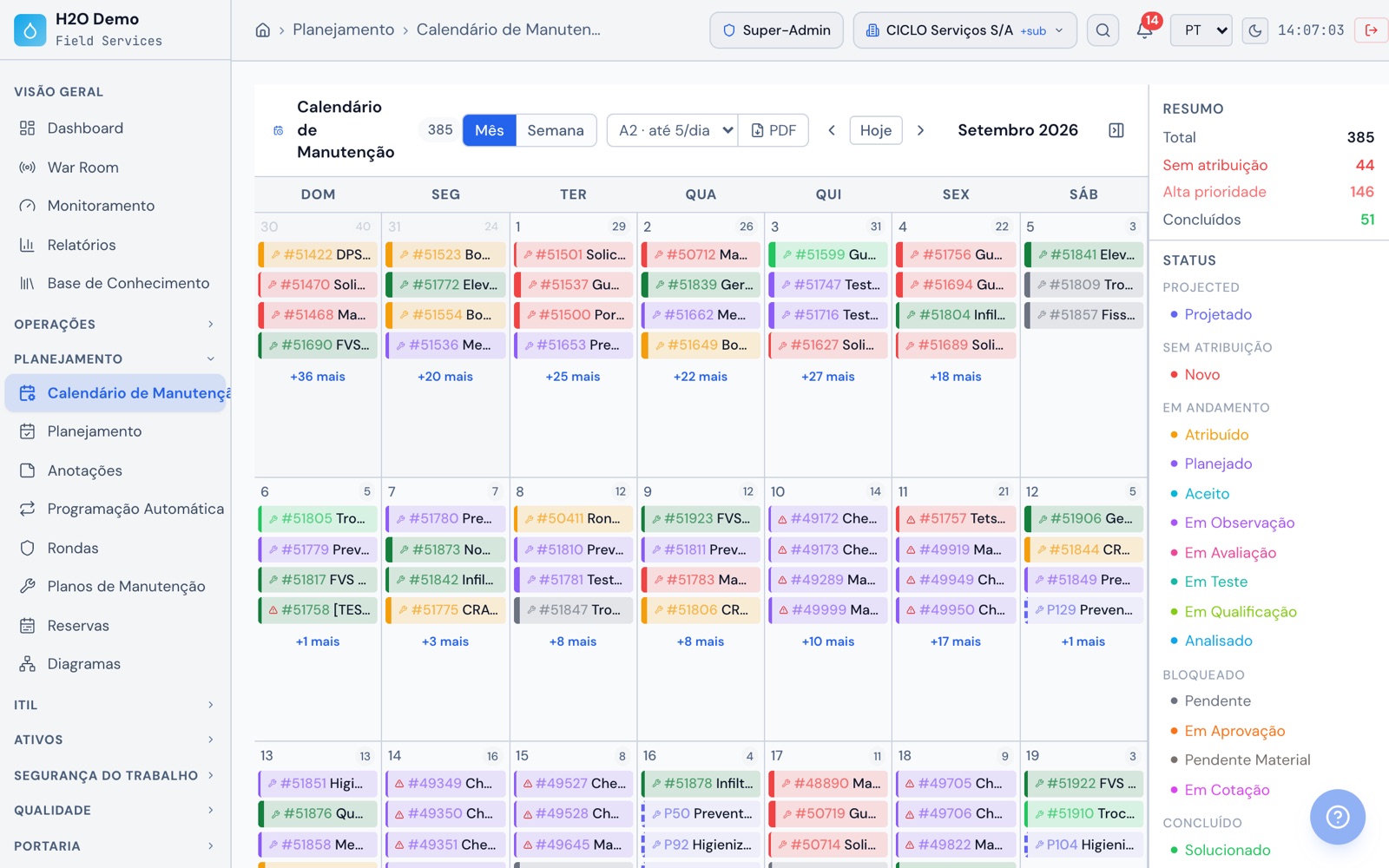 H2O web: o calendário do mês com as OS de cada dia coloridas por status, a próxima preventiva de cada plano, o resumo do mês e a legenda de status.