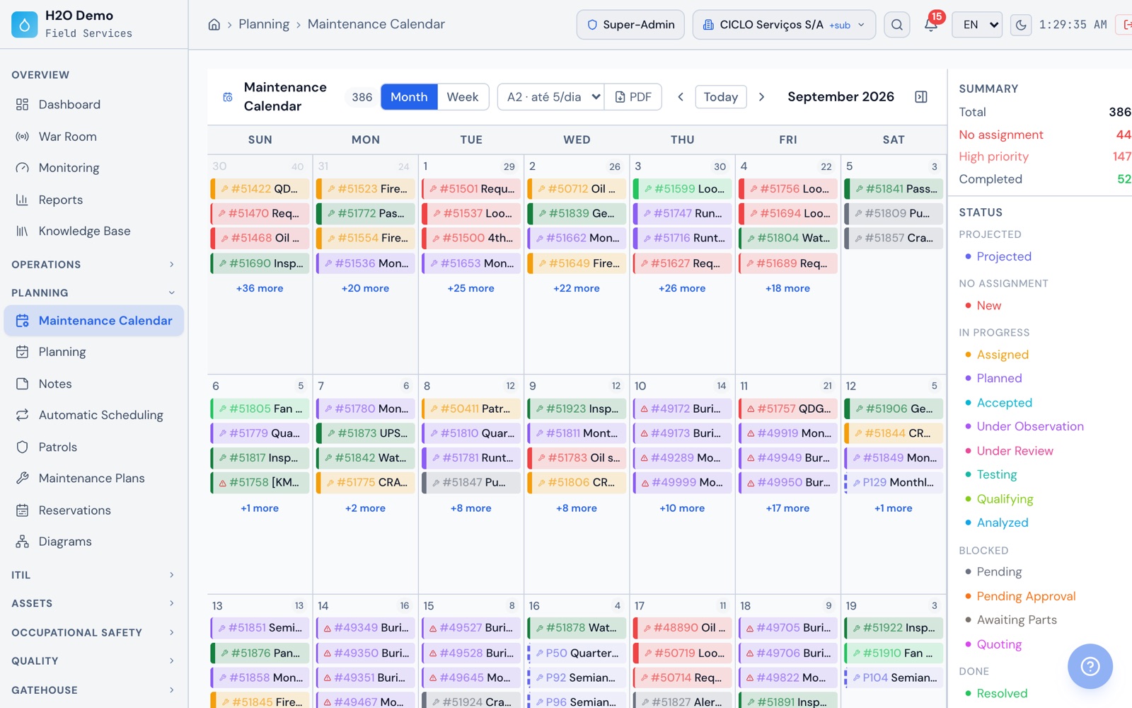 H2O web: the month's calendar with each day's work orders colored by status, each plan's next preventive, the month summary and the status legend.