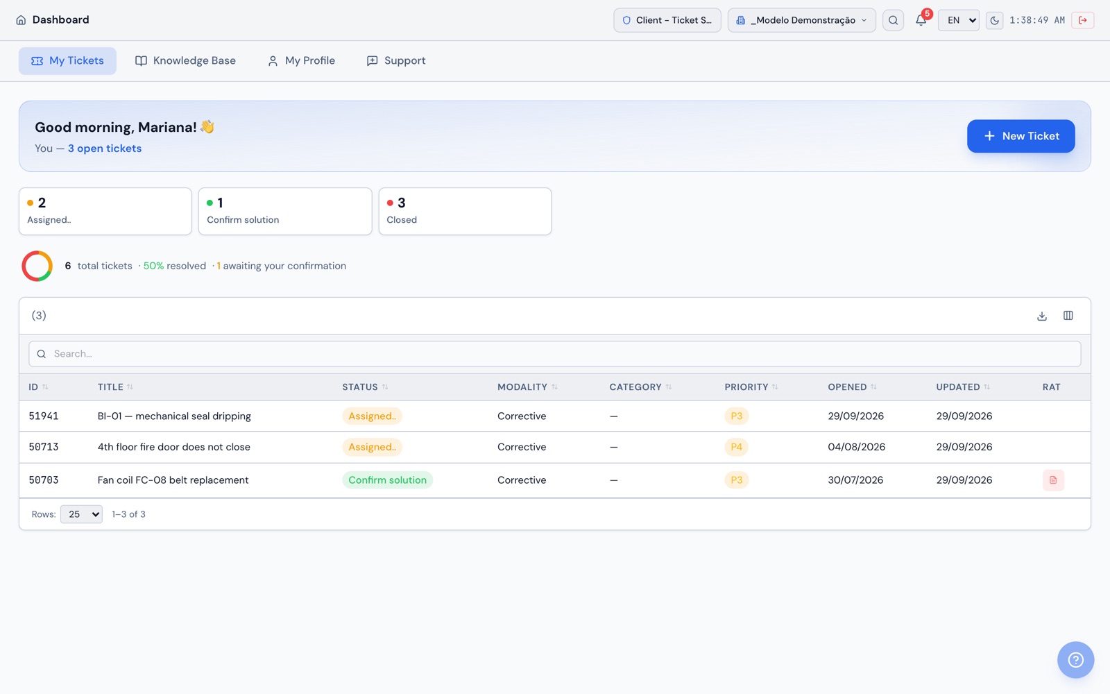 H2O requester portal: the requester sees her tickets by status, what is waiting for her confirmation and the New Ticket button.
