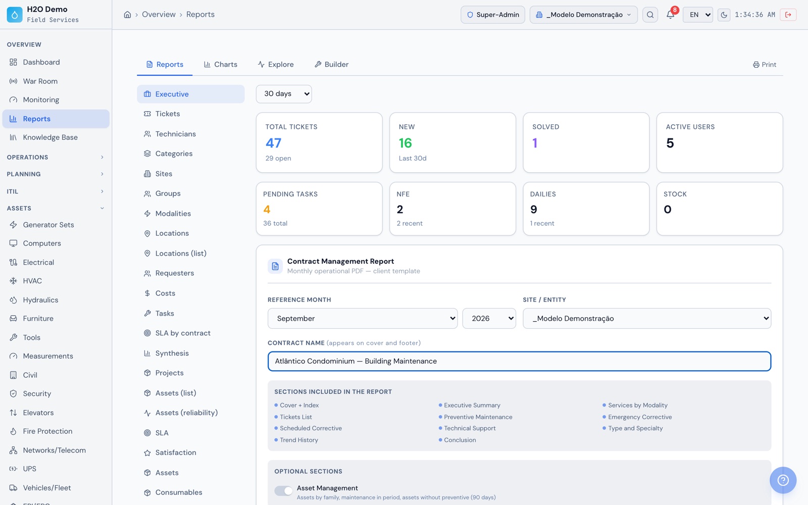 H2O web: the executive dashboard with total tickets, new tickets, resolved tickets and pending tasks, and the month's Contract Management Report with the PDF sections.