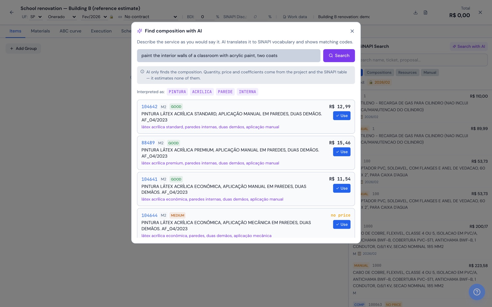 H2O web: the AI composition search inside the reference budget: the request written in plain English, the terms the AI picked out, and the SINAPI compositions for 02/2026 in the state of SP with code, unit, price and confidence level, each with a Use button.