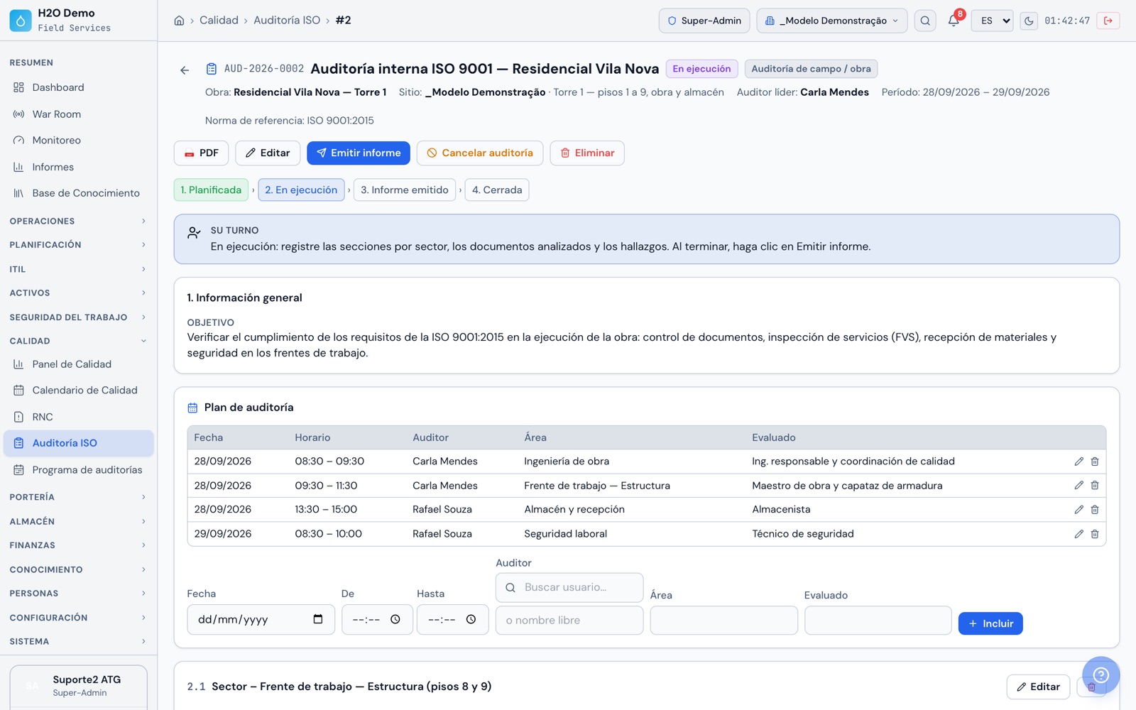 H2O web: la auditoría interna ISO 9001 del Residencial Vila Nova con las etapas, el objetivo y el plan de auditoría por área: ingeniería, estructura, almacén y seguridad.