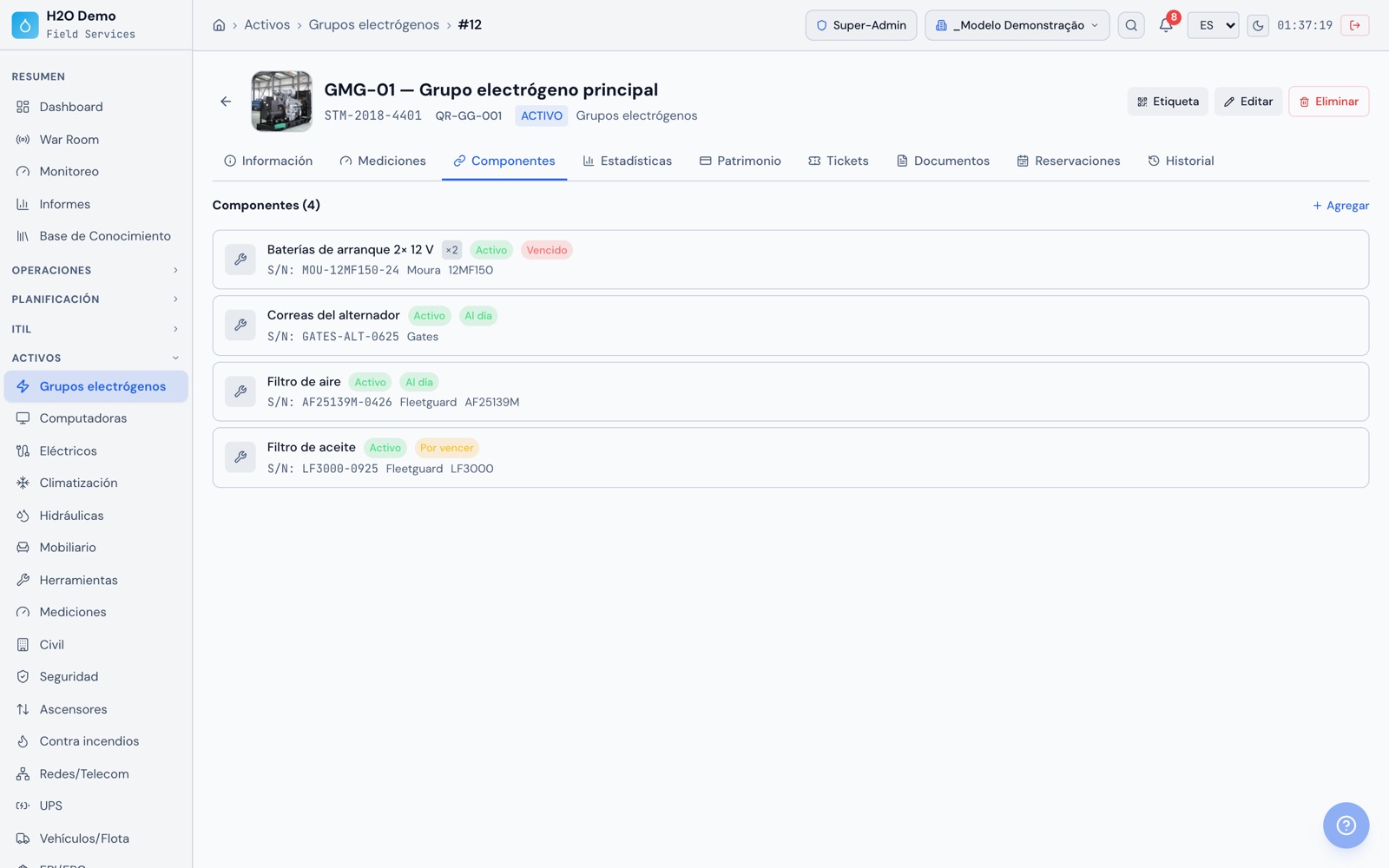 H2O web: los componentes del GMG-01 con el estado de cada uno: al día, por vencer o vencido.