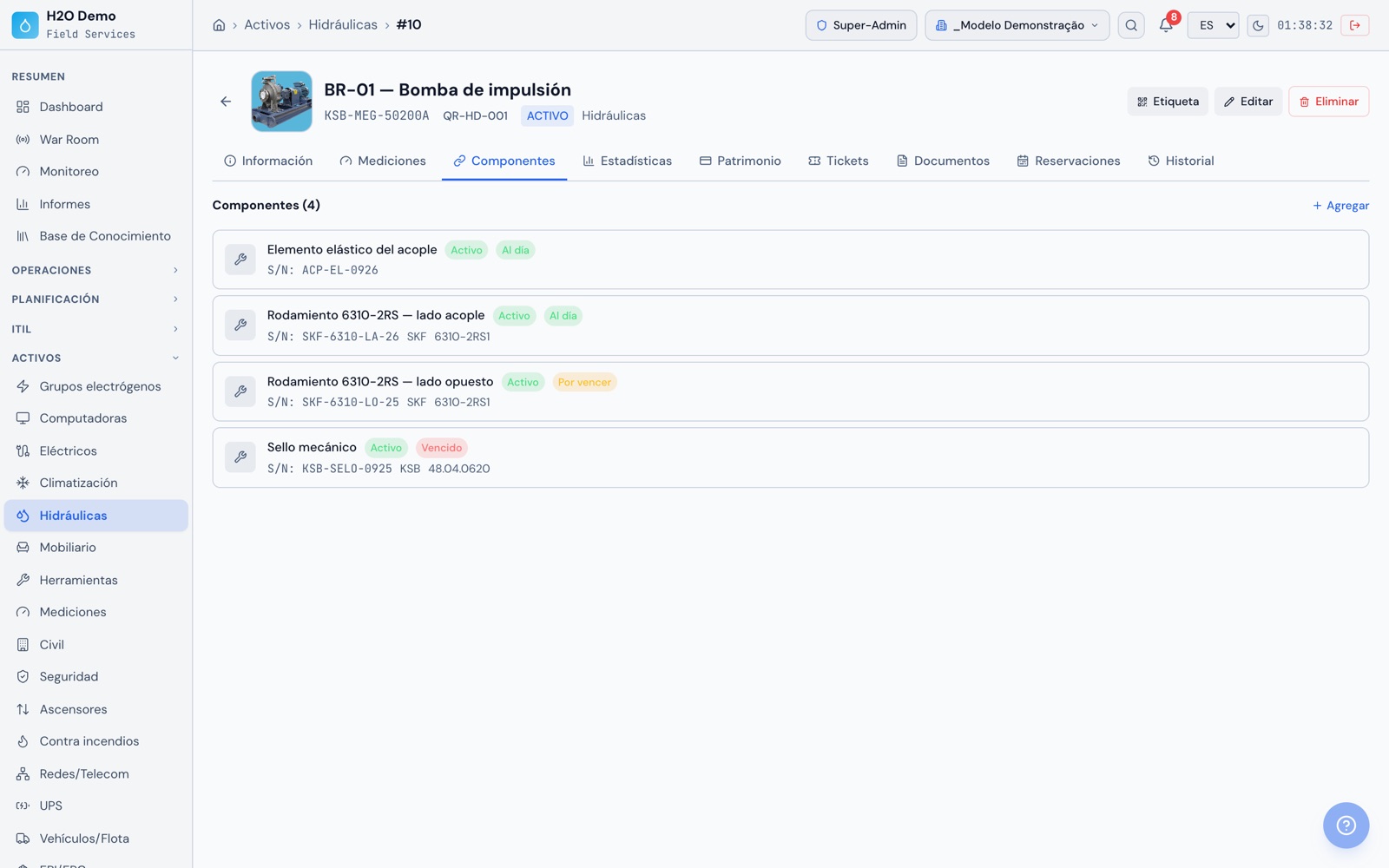 H2O web: los componentes de la bomba BR-01, con acoplamiento, rodamientos y sello mecánico, y la situación de cada uno: al día, por vencer o vencido.