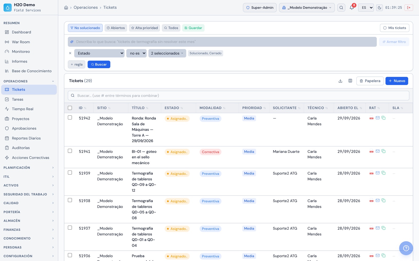 H2O web: la lista de OT con site, estado, modalidad, prioridad, solicitante, técnico, fecha de apertura y las columnas de RAT y SLA.