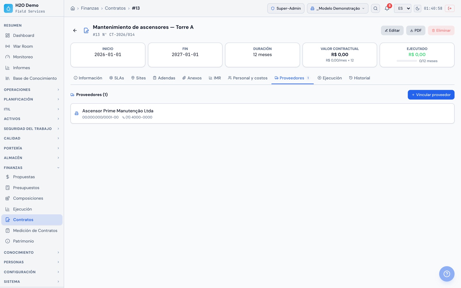 H2O web: el contrato de mantenimiento de los elevadores con vigencia, duración, las pestañas de SLA, sites, IMR y costos y el proveedor tercerizado vinculado.