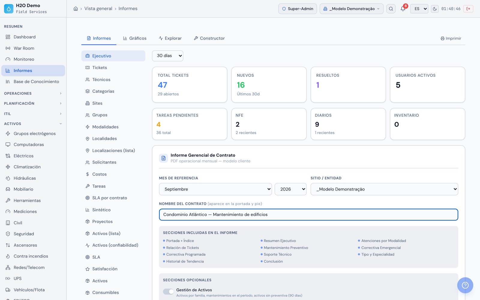 H2O web: el panel ejecutivo con el total de tickets, los nuevos, los solucionados y las tareas pendientes, y el Informe Gerencial de Contrato del mes con las secciones del PDF.
