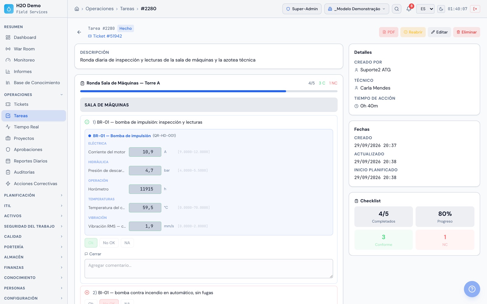 H2O web: la ejecución de la ronda de la sala de máquinas, con cada ítem vinculado a un equipo, las lecturas con el rango de cada medición, 3 ítems conformes y 1 no conforme.