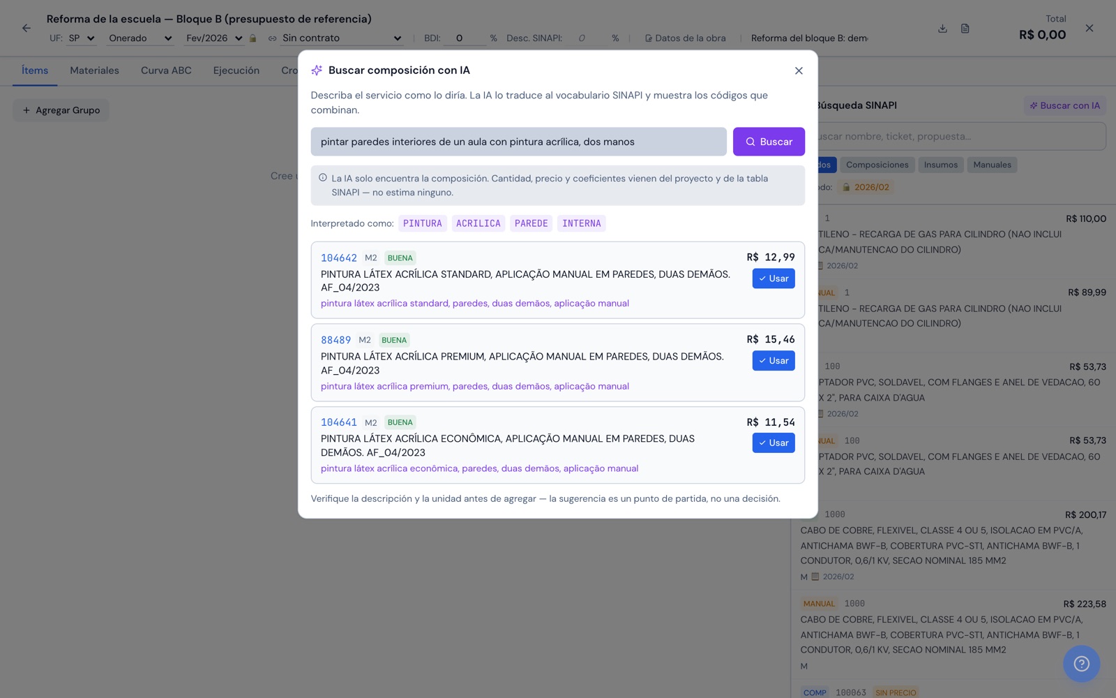 H2O web: la búsqueda de composiciones con IA dentro del presupuesto referencial: el pedido escrito en lenguaje común, los términos que interpretó la IA y las composiciones SINAPI de 02/2026 en el estado de SP con código, unidad, precio y grado de confianza, cada una con el botón para usarla.