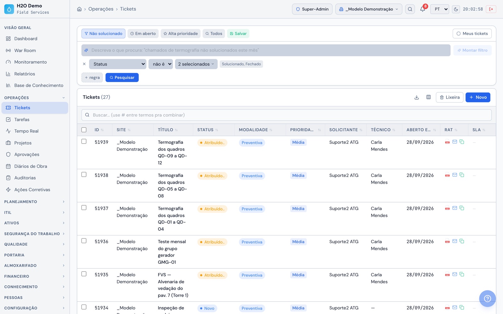 H2O web: a lista de OS com site, status, modalidade, prioridade, solicitante, técnico, data de abertura e as colunas de RAT e SLA.