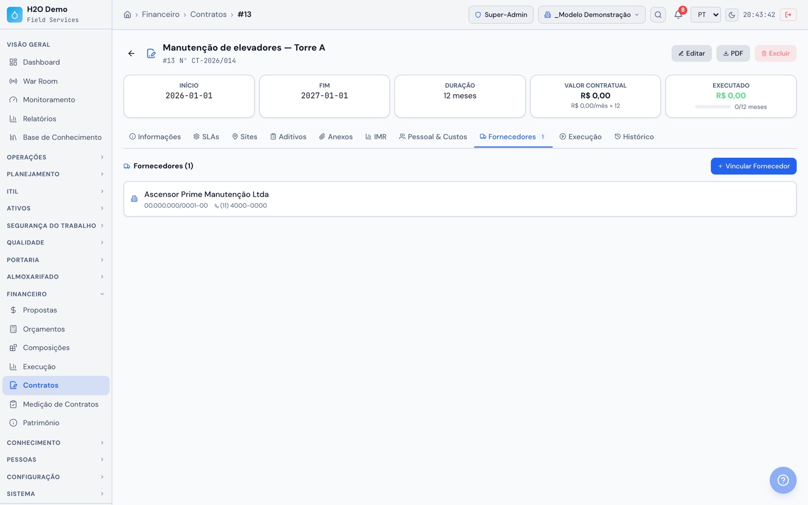 H2O web: o contrato de manutenção dos elevadores com vigência, duração, as abas de SLAs, sites, IMR e custos e o fornecedor terceirizado vinculado.