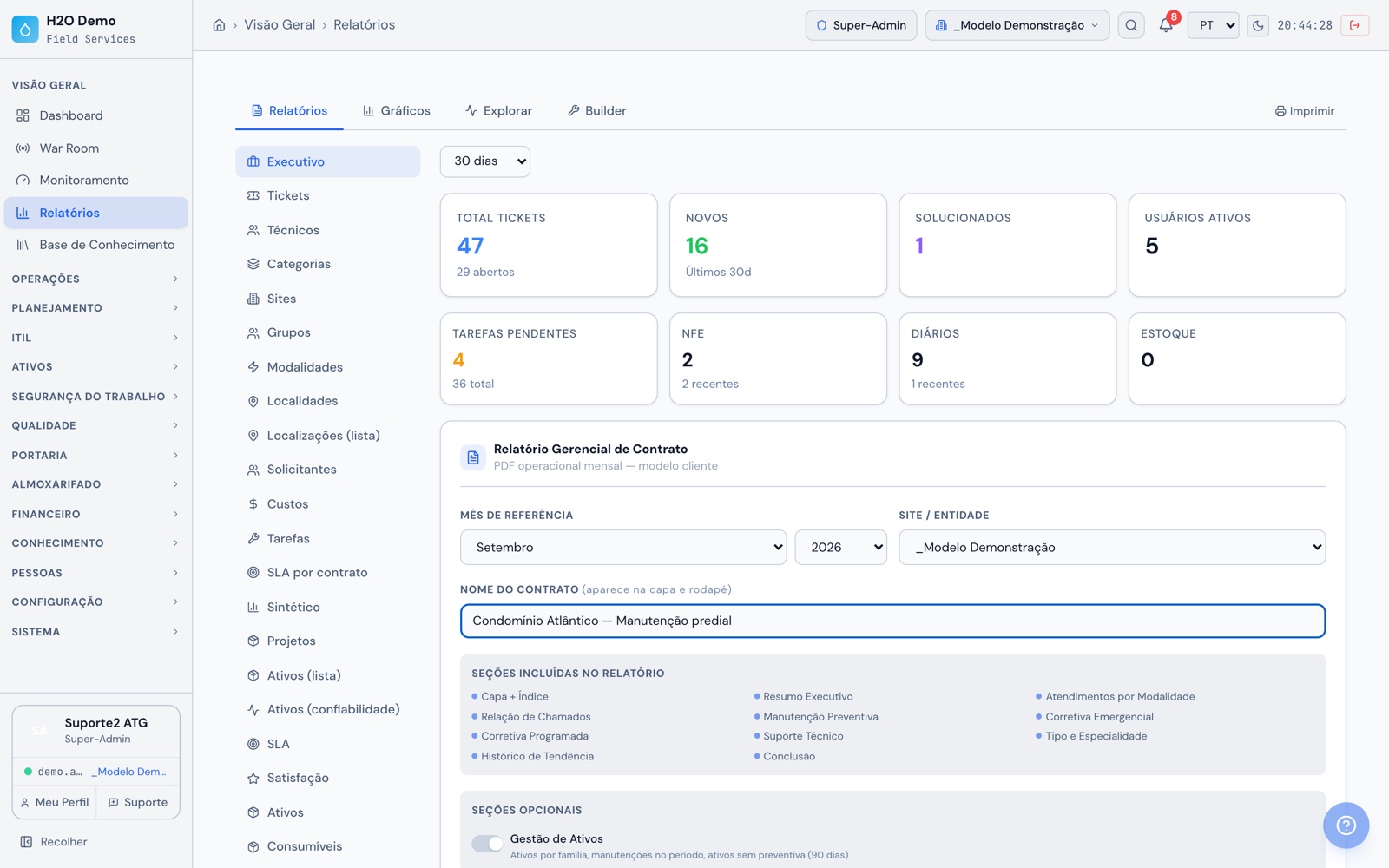 H2O web: o painel executivo com o total de chamados, os novos, os solucionados e as tarefas pendentes, e o Relatório Gerencial de Contrato do mês com as seções do PDF.
